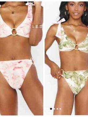 Show Me Your MuMu Pink & Green Venice Reversible Floral Ring-Detail Bikini Sz M